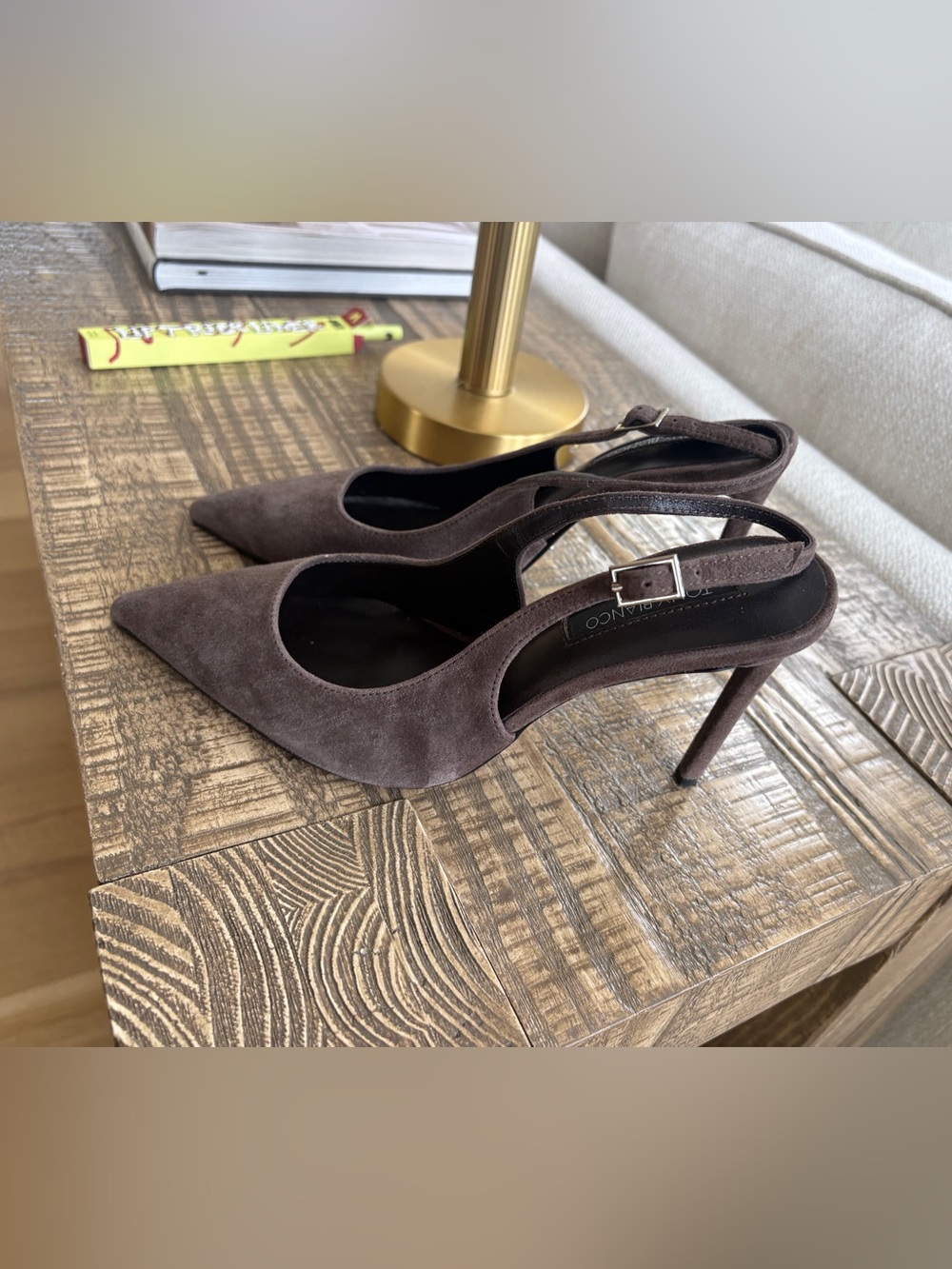 Tony Bianco Dark Brown Suede Pointed Slingback Heels